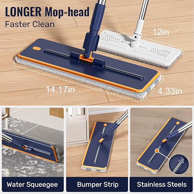 Mop and Bucket Set with Wringer 3-Tank Flat Mop and Bucket System Wall Mop Cleaner with Long Handle Hands Free Mops for Floor Cleaning with 6 Microfiber Pads