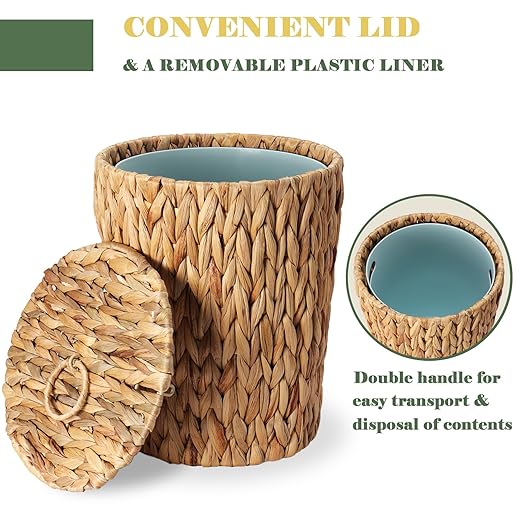 2.6 Gallon Wicker Trash Can with Lid - Bathroom Garbage Can with Removable Liner Bucket - Boho Hand Woven Water Hyacinth Wicker Waste Basket for Bedroom Living Room Home Office