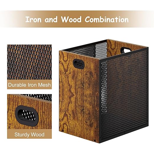 Retro Office Trash Can Iron and Wood Combination Bedroom Garbage Can Rectangular Design Wastebasket with Handle Industrial Style Trash Can for Home Office 11.02 X 7.87 X 11.81 4.5 Gallon (2)