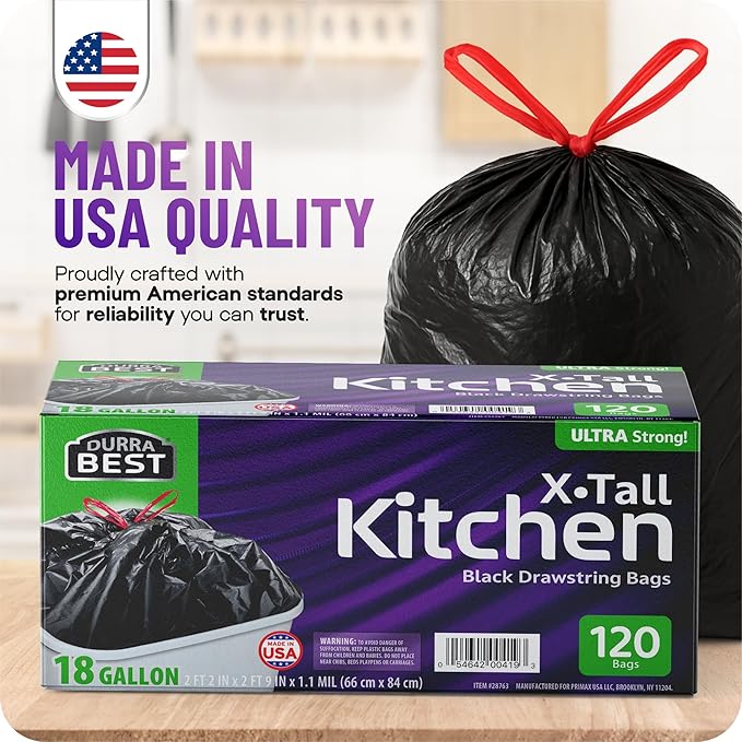 Heavy-Duty Trash Bags – 120 count 18 Gallon Black Ultra Thick Drawstring Garbage Bags – Leak-Resistant for Home &amp Commercial Use Big Trash Bags Made in USA