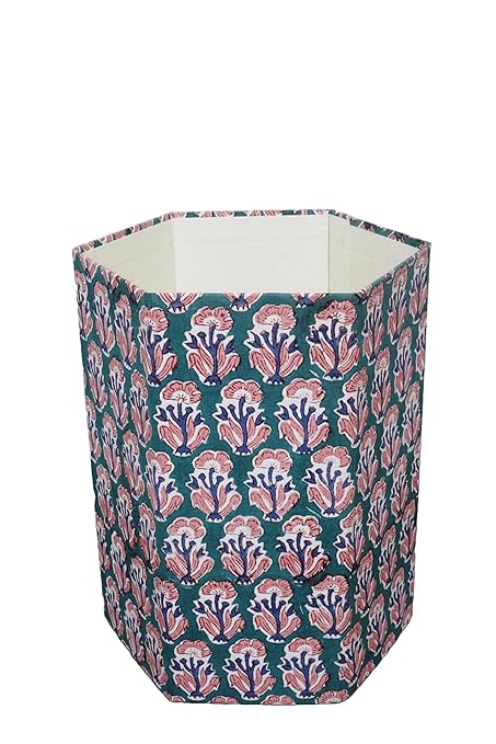 3.3 Gallon Cotton Hand Block Printed Paper Waste Basket |Small Decorative Trash Can for Housewarming Gifts in Living Room Bedroom Bathroom | Eco-Friendly Plastic-Free (1 Green Blue RED Tree)