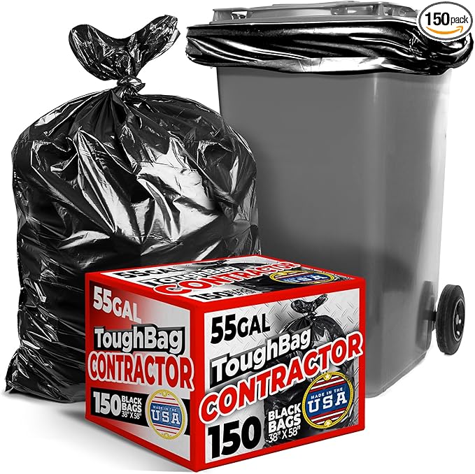 ToughBag 55-60 Gallon Heavy Duty Trash Bags - 150 Count Large Black Garbage Bags - Made in USA