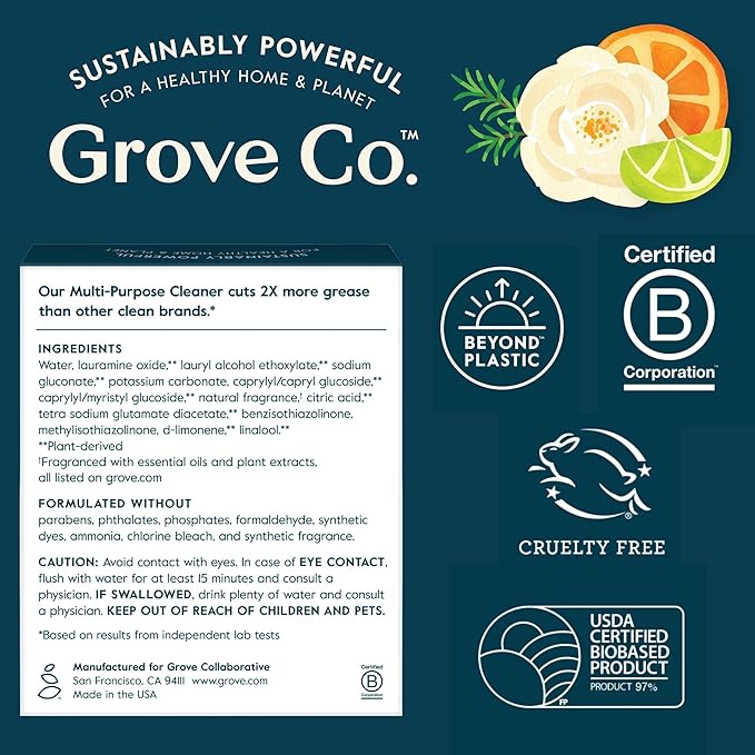 Grove Co. Multi-Purpose Cleaner Refill Concentrate (6 x 1 Fl Oz) Plant-based Household Cleaning Supplies Ammonia &amp Chlorine Free No Plastic Waste 3 Scent Variety Pack Total 3 x 2 Pack Refills