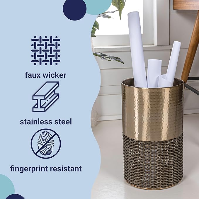 happimess HPM1102A Asher Modern 4.13-Gallon 2-Tone Faux Wicker/Metal Cylinder Waste Basket Bronze/Coffee for Home Bathroom Living Room Office Bedroom Kitchen