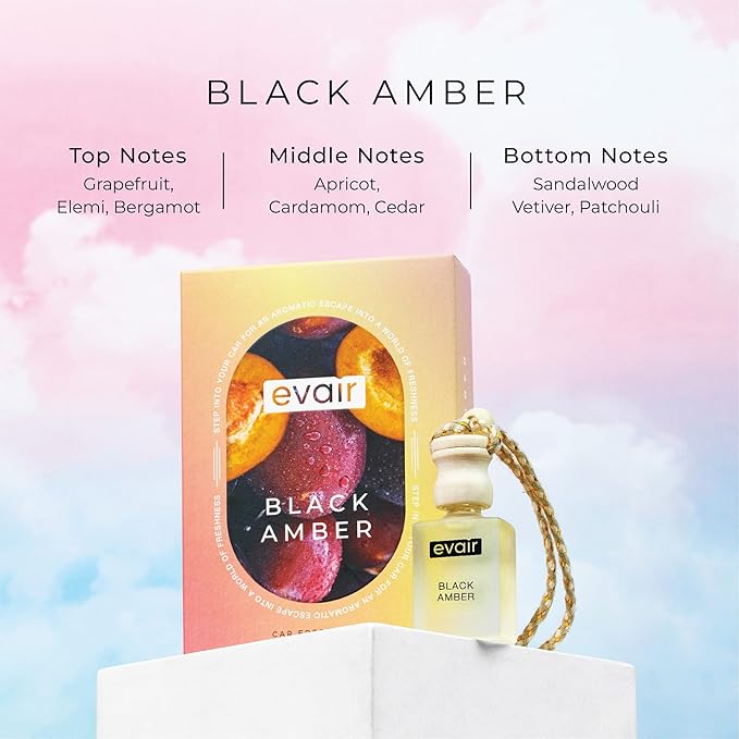 Evair Combo Pack of Car Air Freshener with Essential Oils Fragrances Black Amber Ocean Rush &amp English Rose in Glass Bottle with Wooden Diffuser Lid | Each 10 ml- Pack of 3