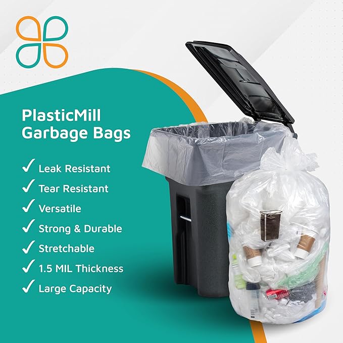 PlasticMill Heavy Duty Trash Bags - Clear Garbage Bags - Plastic Rubbish Sacs for Large Rolling Trash Bins - Tall Plastic Bags - 95-Gallon Large Kitchen Trash Bags 1.5 Mil 61x68 (30-Count)