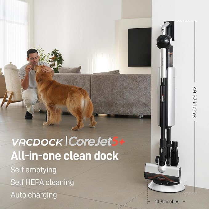 CoreJet5+ Cordless Vacuum Cleaner 450W 150AW 33KPA Self-emptying Stick Vacuum with All-in-One Dock &amp 2 Rechargeable Battery for Home Pet Hair Carpets and Floors 3 Power Modes Up to 60 Mins