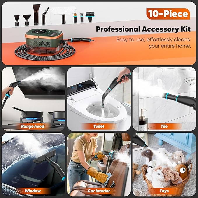 Steam Cleaner 2500W Home Handheld Grout Steam Cleaning Machine with 1.32QT Transparent Tank &amp 10 Attachments for Range Hood Stove Tile Upholstery Car Detailing &amp More (Green/Gold)