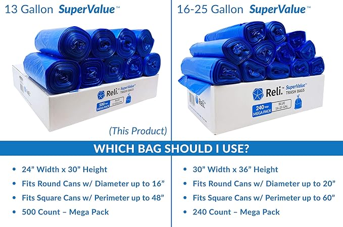 Reli. SuperValue 13 Gallon Recycling Bags | 500 count Bulk | Tall Kitchen | Blue Trash Bags