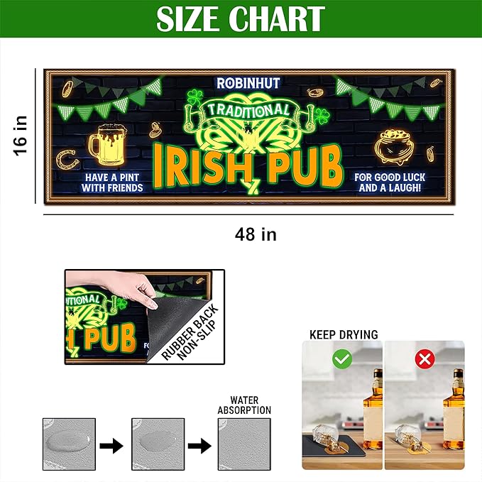THUYPT Personalized Irish Bar Mat St Patrick's Day Decorations Kitchen Counter Irish Bar Dish Drying Mat Patrick's Lucky Shamrock Quick Drying Spill Mats (08)
