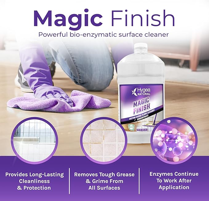 Hygea Natural Magic Finish Enzyme-Based Chemical-Free Floor Cleaner - No Rinse Biodegradable Formula - Removes Grease Buildup in Tile &amp Grout - for All Hard Floors (Concentrated Gallon)