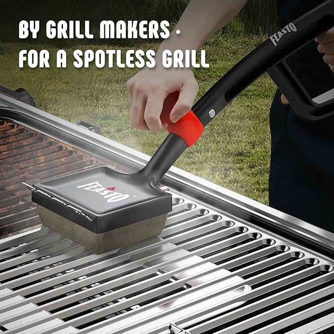 Grill Brush with Steam and 2 Replacement Brush Heads 6-in-1 Bristle-Free with Interwoven-Tech &amp Thermal-Sensitive Sponge Stainless Steel Scraper 360° Rotating Knob Bottle Opener