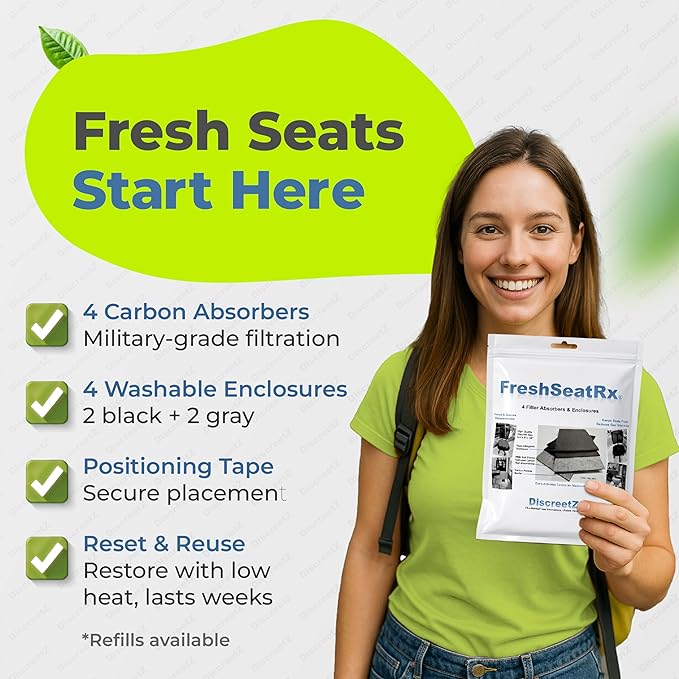 FreshSeatRx 4-Discreet Odor Removal Seat Pads. Orthopedic Seat Cushion Pads Prevent Gassy Seat &amp Room Air Odors. Use Home Office Car Flight Any Seating. Activated Charcoal &amp Carbon Gas Pad