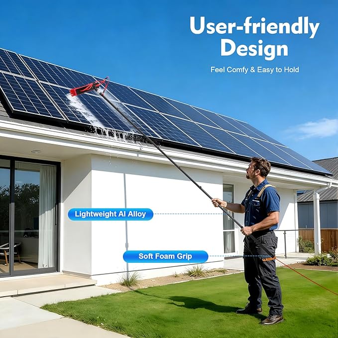 24FT Water Fed Pole Kit Telescopic Solar Panel Cleaning Brush with 210° Rotatable Head and 65.6FT Hose 6-Section Aluminum Alloy Extension Pole for Window Glass Ceiling Cleaning