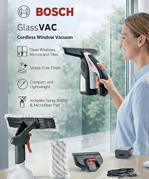 Cordless Electric Window Vacuum Squeegee – 2-in-1 Handheld Glass &amp Surface Cleaner – Streak-Free Suction for Showers Mirrors Tiles and Countertops – USB Rechargeable with Dual Head Attachments