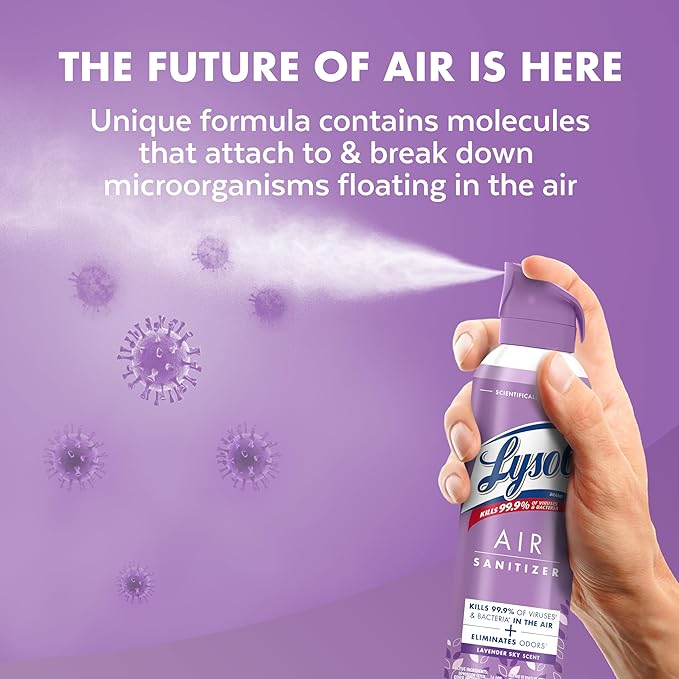 Lysol Air Sanitizer Spray with Bacterial Odor Eliminator for Home &amp Office Sanitizing Air Spray Air Freshener Alternative Lavender Sky Scent 10 oz (Pack of 3)