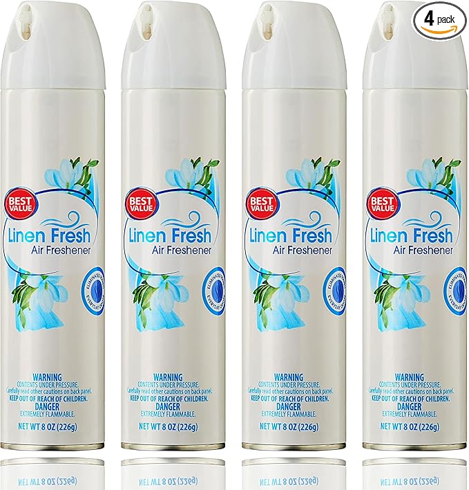 Aerosol Air Freshener Linen Fresh 8 oz– Long Lasting Room Deodorizer Spray for Home Bathroom &amp Office – Odor Eliminator Mist for Fabric Car &amp Living Spaces - (Pack of 4)
