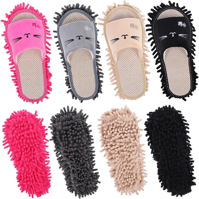 4 Pair Washable Mop Slippers Detachable Microfiber Mop Shoes for Floor Cleaning House Dusting Slippers for Women Men Dirt Tool Supplies Medium