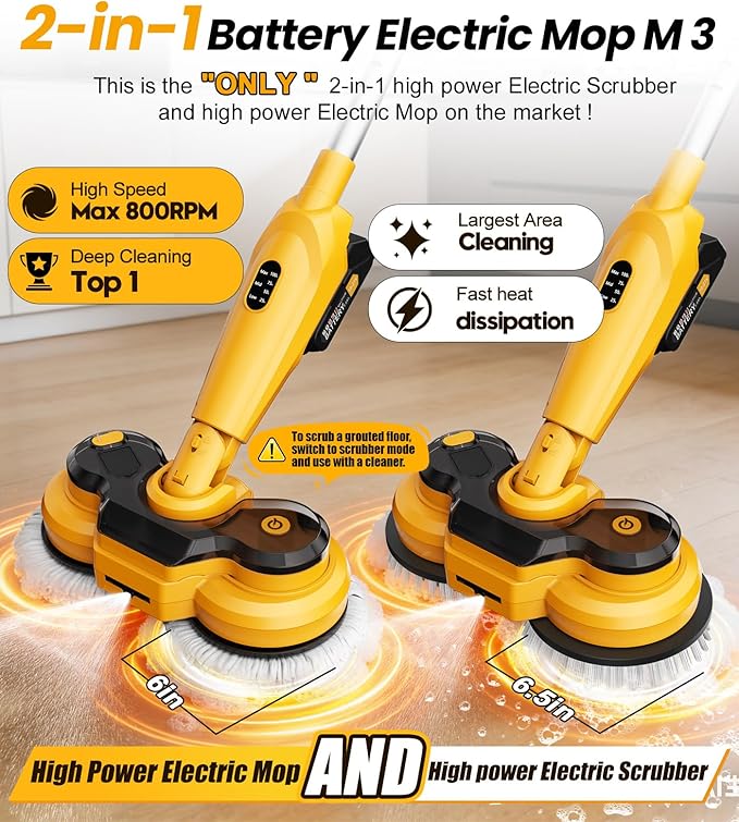 qimedo 6000mAh Battery Cordless Electric Mop M3 Pro 800RPM Electric Power Scrubber &amp Mops for Floor Cleaning Automatic Spin Mops with Smart DisplayRotating Mop with LED Light &amp Water Spray