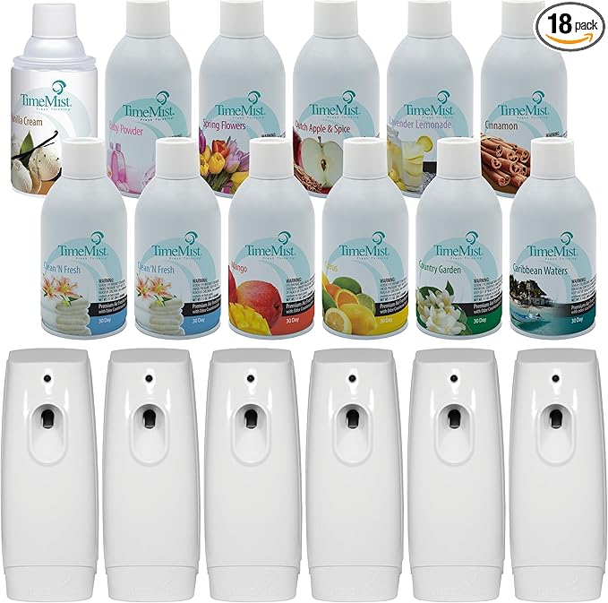 TimeMist Classic Metered Aerosol Fragrance Dispenser (Case of 6) + TimeMist Air Freshener Mixed Assortment Dispenser Refills
