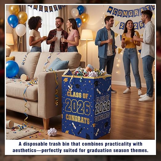 Tinlade 6 Pack 2026 Blue and Gold Graduation Decoration 13 Gallon Disposable Trash Cans Class of 2026 Party Garbage Bins Large Waterproof Foldable Recycle Pop up Bins for Graduation Party School
