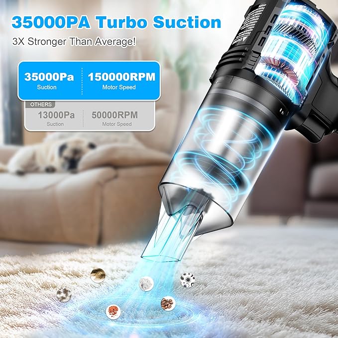 Car Vacuum Cordless 35000PA Strong Suction Handheld Vacuum with 2 Detachable Batteries 60Min Runtime Portable Vacuum Cleaner for Car Detailing Pet Hair Home Couch &amp Office 350ML XL Dust Cup