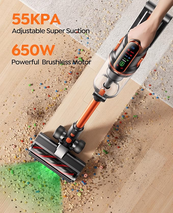 Fieety Cordless Vacuum Cleaner 650W/55KPa/70Min Runtime Stick Vacuum with 3.3Ft Hose Wall Mount Charging Auto Mode Touchscreen Self-Standing Vacuum Cleaner for Home/Pet Hair/Carpet/Car Fragrance