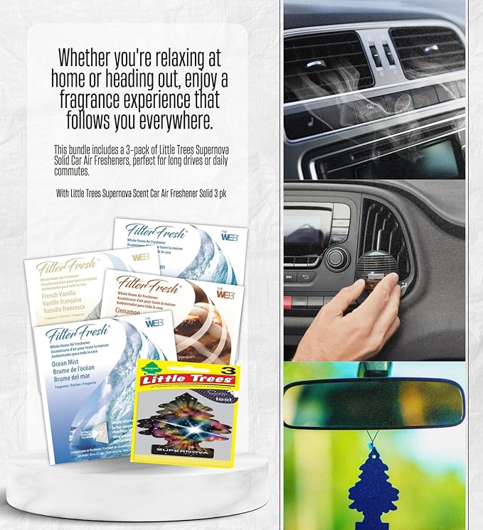 2x Web FilterFresh Ocean Mist French Vanilla and Cinnamon Air Fresheners 0.8 oz Gel Bundle with Car Air Freshener – HVAC Filter Scent Pads for Home and Vehicle Use – Gift Set (5 Items)