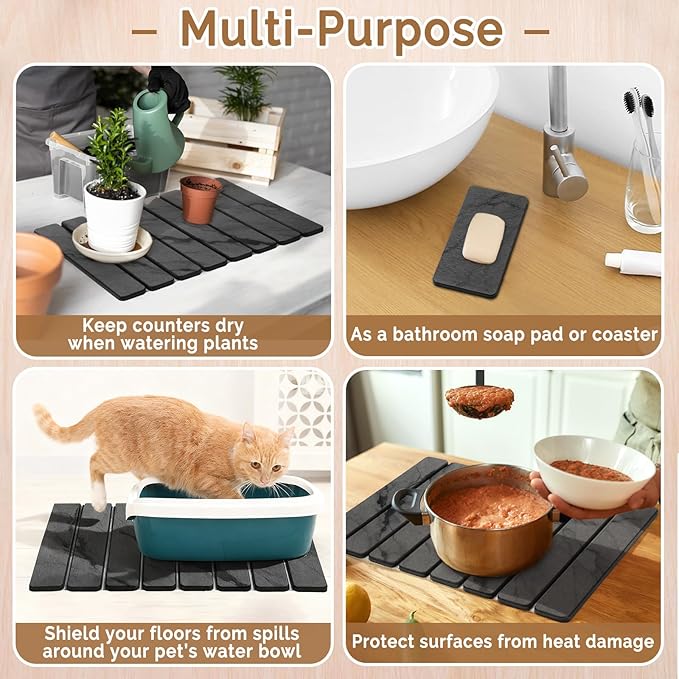 2 PCS Stone Dish Drying Mat for Kitchen CounterQuick Dry Stone Dishes MatsMarbled Water Absorbing Diatomaceous Earth Drying Pad for Countertop Bottles Utensils Cups（Dark Gray 20×14 &amp 8x4）