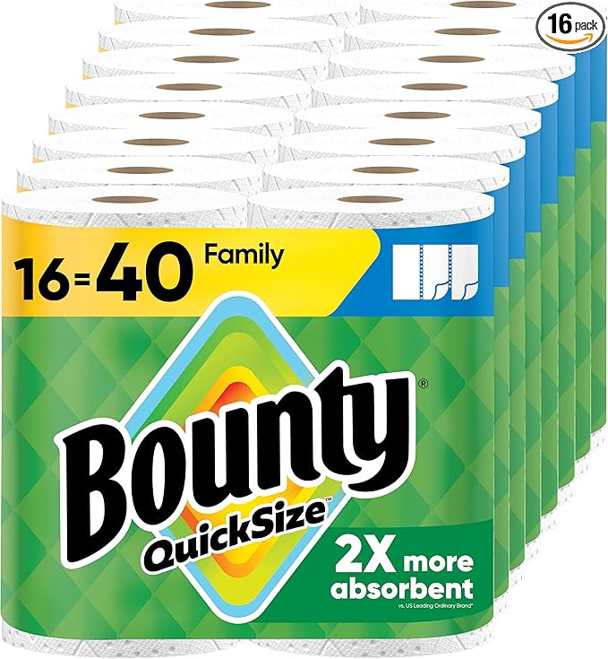 Bounty Paper Towels Quick Size White 16 Family Rolls = 40 Regular Rolls