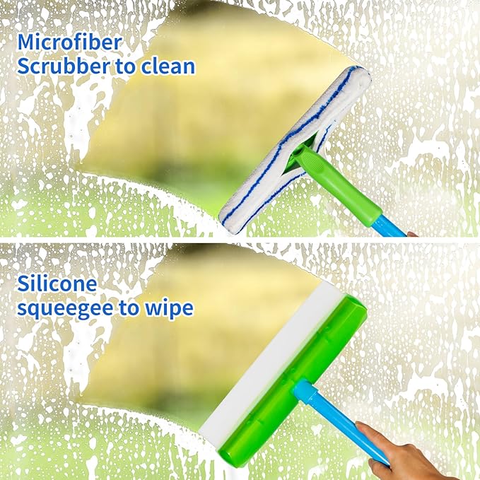 Forgrace Flexible Silicone Squeegee T-Bar Water Blade Microfiber Scrubber with Long Handle for Car Home Glass Professional Car Windshield Squeegee Window Cleaning Kit for Shower Glass Mirror Door Car