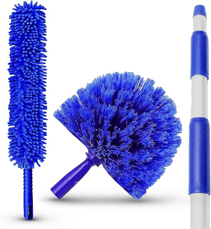 Ceiling Fan Duster Cobweb Duster Extendable Reach 20 feet | 3-Stage Aluminum Telescoping Pole | Extends for High Ceiling Duster | Long Handle Plus 2 Duster Heads