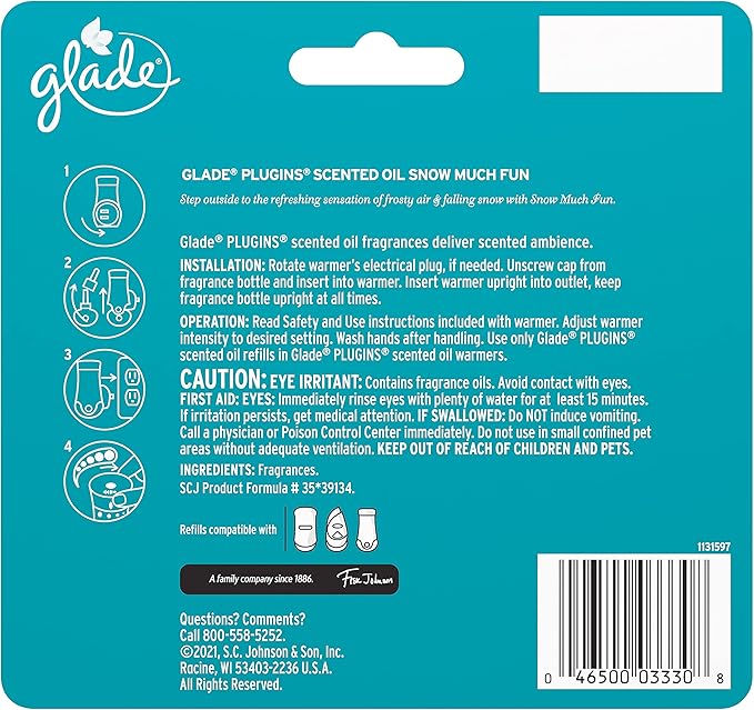 Glade PlugIns Refills Air Freshener Scented and Essential Oils for Home and Bathroom Snow Much Fun 3.35 Fl Oz 5 Count