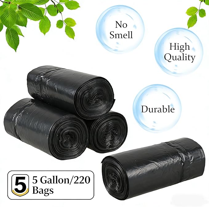 5 Gallon Drawstring Garbage Bags Plastic Trash Can Liners Black Small Trash Bags 220 Counts