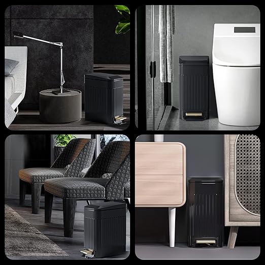 Small Bathroom Trash Can with Lid Soft Close-6L/1.6 Gal Slim Step Garbage Can-Metal Pedal Wastebasket-Narrow Rectangle Garbage Container Bin for Corner Office Bedroom Toilet Live Room-Black