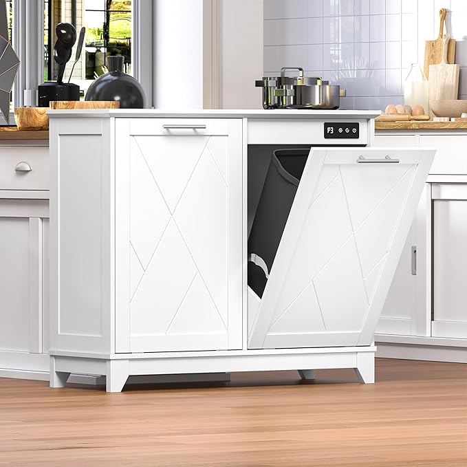 Tilt Out Trash Can Cabinet for 2 Bins Hidden Recycle Garbage Bin Enclosure Wooden Double Laundry Cabinet with Odor Control Negative Ion &amp Ozone for Kitchen Bathroom Laundry Room