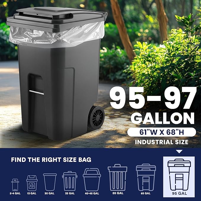 Plasticplace 95-96 Gallon Garbage Can Liners 1.5 Mil Clear Heavy Duty Trash Bags 61 x 68” 50 Count