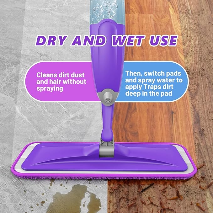 HOMTOYOU Spray Mops with 9 Reusable Pads: Wet Mop for Hardwood Tile Wood Laminate Vinyl - Absorbs Pet Hair Dust