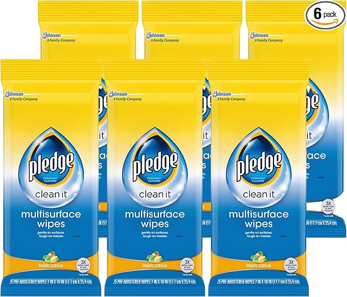 Pledge Multi-Surface Furniture Polish Wipes Works on Wood Granite and Leather Cleans and Protects Fresh Citrus - Pack of 6 (150 Total Wipes)