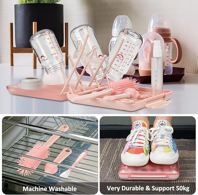 Bottle Brush Set 7 in 1 Cleaner Set with Baby Drying RackSilicone BrushStraw BrushNipple BrushSoap DispenserSpoonStorage Box Portable Essentials for Home &amp TravelPink(H-003)