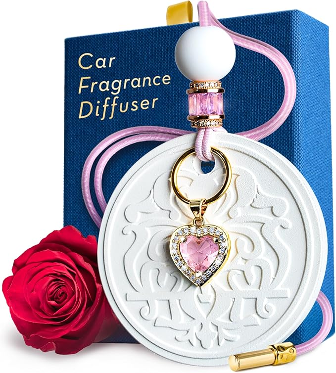 Luxury Car Air Freshener for Women - Refillable &amp Portable Essential Oil Fragrance Diffuser - Cute Car Accessories &amp Interior Decor - Mirror Hanging or Vent Clips - Pink Heart Charm Rose Scen