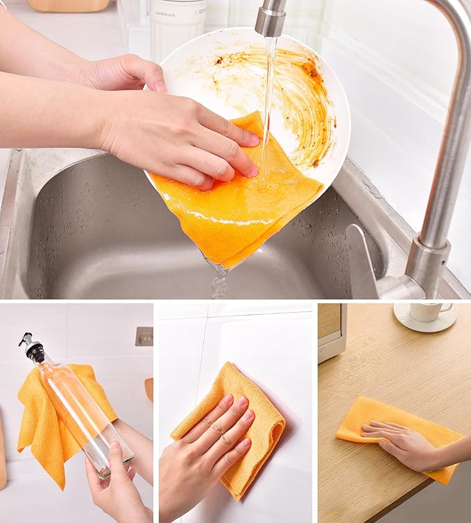 KitchLife Microfiber Cleaning Cloth Roll 100 Pack - Tear-Away Microfiber Paper Towels Lint-Free Reusable Washable for Kitchen Car Dishes and Sensitive Surfaces (Tangerine Yellow)