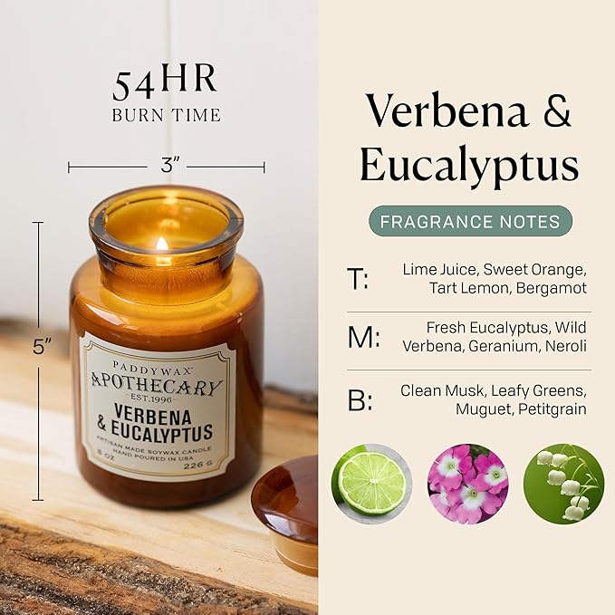Paddywax Artisan Apothecary Scented Candle with Lid in Reusable Glass Jar Clean-Burn Soy Candle with Approx. 54 Hour Burn Time Verbena &amp Eucalyptus 8 oz.