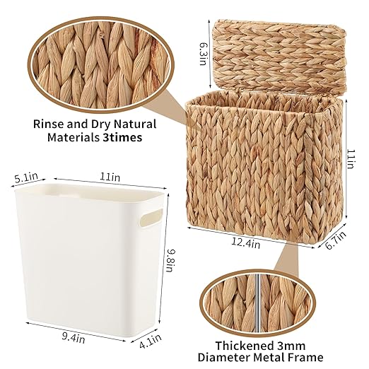 Wicker Trash Can with Lid and Liner Bathroom Trash Can with Lid Natural Water Hyacinth Wicker Waste Basket Boho Rattan Garbage Wastebasket for Bedroom Living Room Office Kitchen