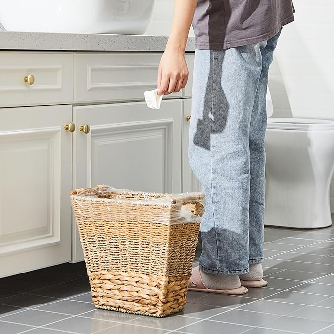 Mifoci 2 Pcs Wicker Trash Can with 50 Small Trash Bag Wicker Waste Woven Basket with Handles Clear Multi Use Garbage Bags for Bathroom Kitchen Bedroom(Multicolor)