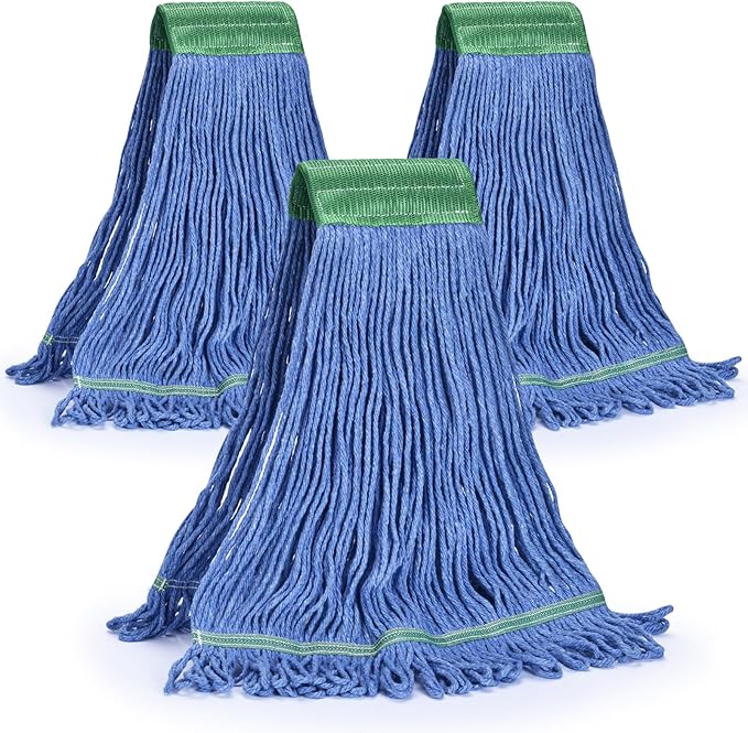 Matthew Cleaning Commercial Mop Head Replacement 5 Inch Wide Headband Looped End Cotton Blend String Wet Mops for Floor Cleaning 28 oz Extra Large 3-Pack Blue