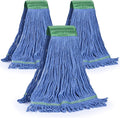 Matthew Cleaning Commercial Mop Head Replacement 5 Inch Wide Headband Looped End Cotton Blend String Wet Mops for Floor Cleaning 28 oz Extra Large 3-Pack Blue
