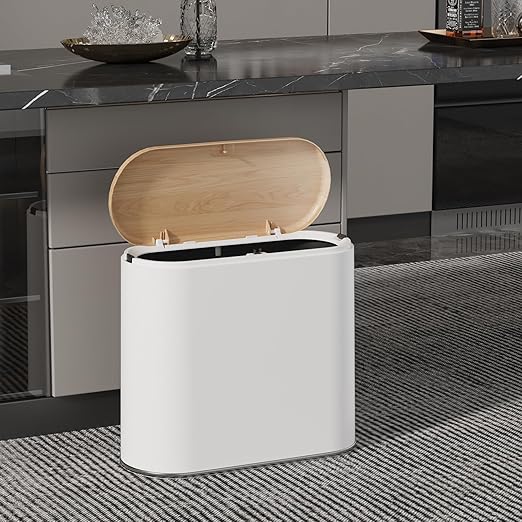 Small Bathroom Trash Can with Lid 10L/2.6 Gal Slim Wastebasket - Odor &amp Pet Proof Inner Bucket &amp Wood Grain Top Plastic White Garbage Can for Kitchen Bedroom Living Room Office RV