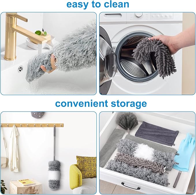 Microfiber Extendable Feather Duster (11pcs) with 100 Extension Pole Washable Reusable Bendable Dusters for Cleaning Ceiling Fan High Ceiling TV Blinds Cars