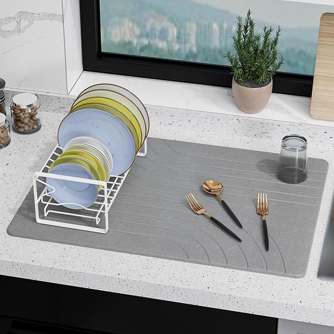 Large Stone Drying Mat for Kitchen Counter 24 × 16 Diatomite Dish Drying Mat Quick Dry Stone Mats Ultra Absorbent Natural Diatomaceous Earth Mats for Dished Bottles Dark Grey